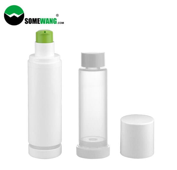 Three white airless bottles with green, transparent, and white caps; the left one has a green nozzle. "SOMEWANG" logo on top left. Ideal for 15ml 30ml 50ml facial cream storage.