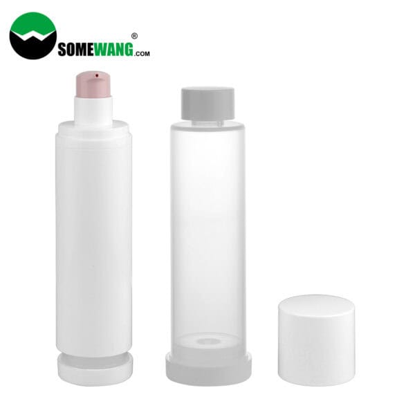 Two translucent bottles are displayed: one with a pump dispenser for facial cream, the other is a 15ml 30ml 50ml refillable bottle with a screw cap. "Somewang" logo at the top left.