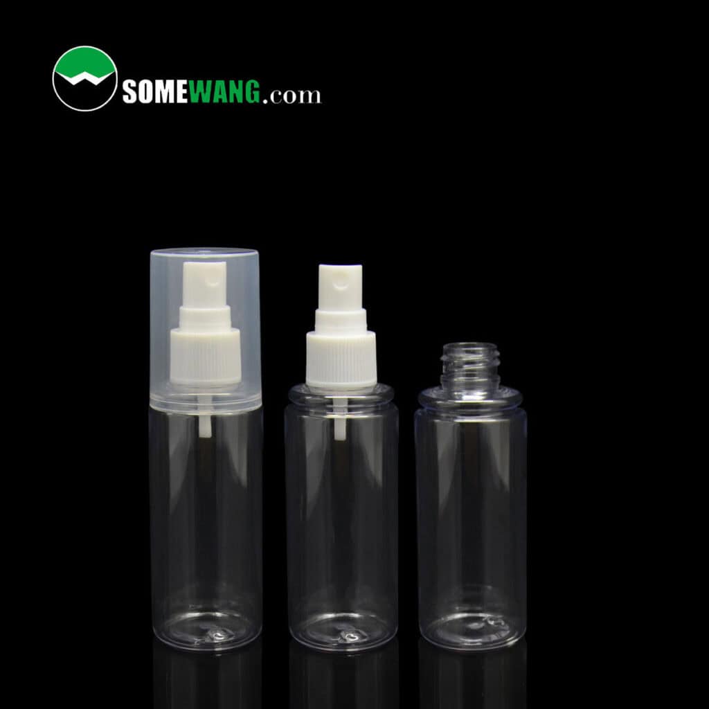 Tres botellas SOMEWANG transparentes de 60 ml con boquillas blancas para loción o tónico, mostradas sobre un fondo negro; una sin tapa ni boquilla.