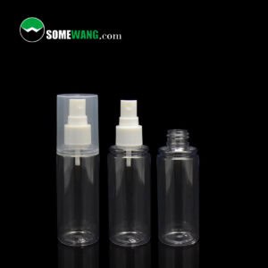 Tiga botol SOMEWANG lutsinar 60ml dengan muncung putih untuk losyen atau toner, dipaparkan pada latar belakang hitam; satu tanpa penutup dan muncung.