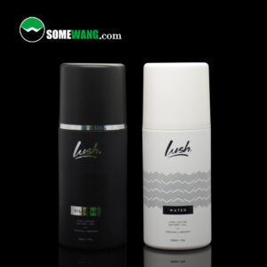 Two 250ML Lush deodorants in SOMEWANG PET bottles with lotion covers stand side by side. One black, labeled "Silk," the other white, "Water.