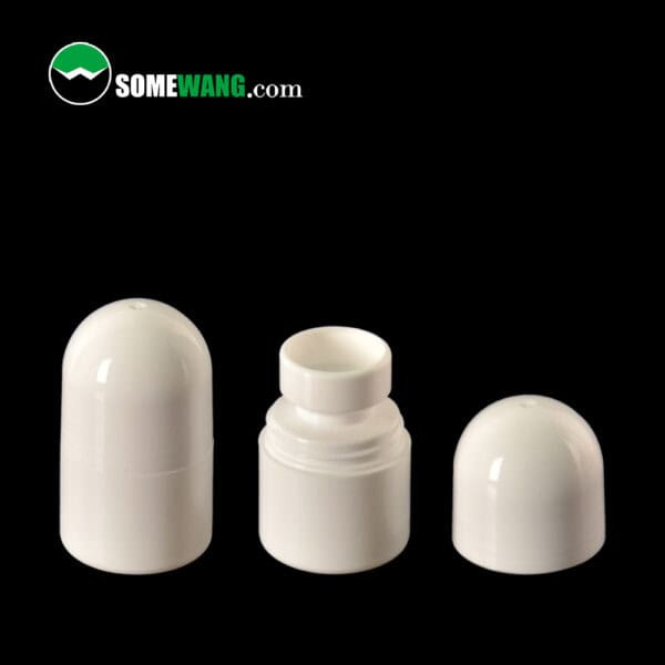 Image of 30ml & 50ml Recyclable PP Roll-On Bottle (D39mm) in white, shown in three parts: whole, open, and cap. URL: somewang.com.