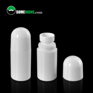 Three white cylindrical containers with lids against a black background, the middle one open. These 30ml and 50ml Recyclable PP Roll-On Bottles (D39mm) feature "SomeWang.com.