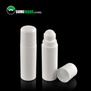 Two white deodorant containers (60ml & 90ml) made from high-quality PP, one showing the roller ball. "SomeWang.com" logo in the top left.