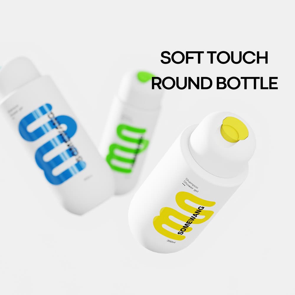 Three soft-touch, round white bottles with colorful lettering (yellow, blue, green); text reads "Soft Touch Auto Draft Round Bottle" in black.