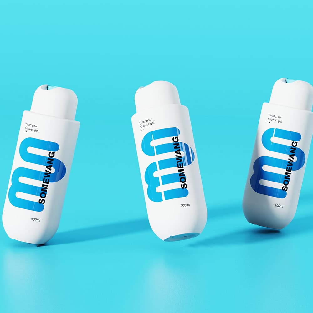 Three white bottles labeled "SOMEWANG," with blue caps and text, sit on a light blue background. They're 400ml shampoo & shower gels.