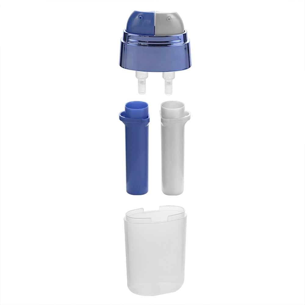 Exploded view of 20ml/40ml PP Double Chamber Oval Airless Bottle water filter with lid, blue/white components, and clear base.