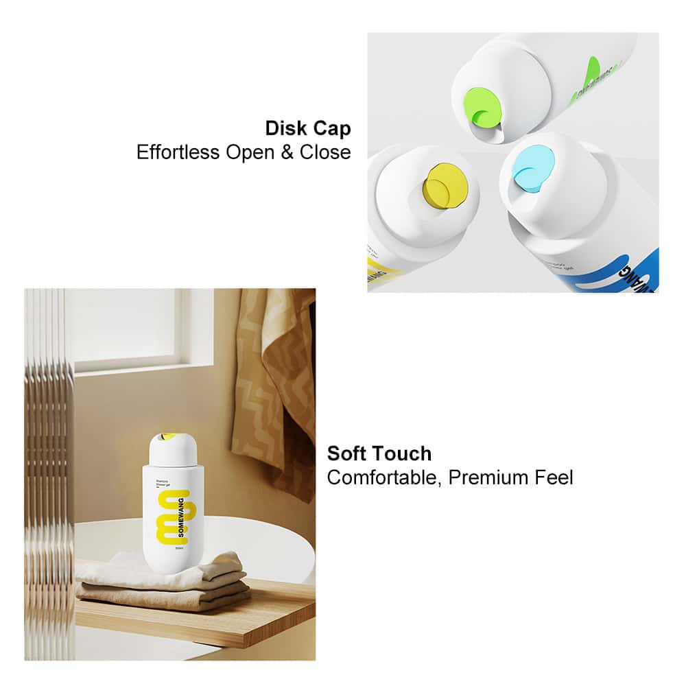 Image of shampoo bottles with "Effortless Open & Close" disk caps, offering a "Soft Touch Comfort, Premium Feel," for seamless use.