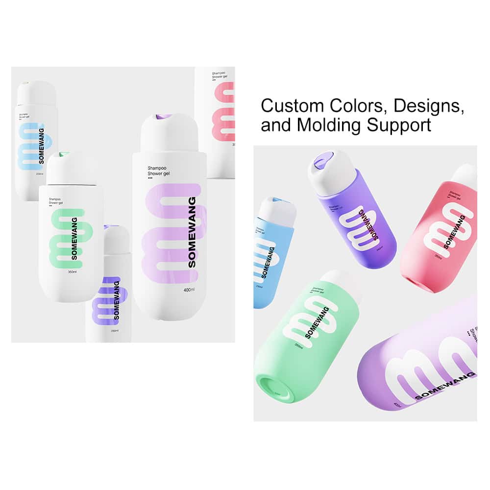 SOMEWANG shampoo and shower gel feature modern designs with "Custom Colors, Designs, and Molding Support." SEO keywords unclear.