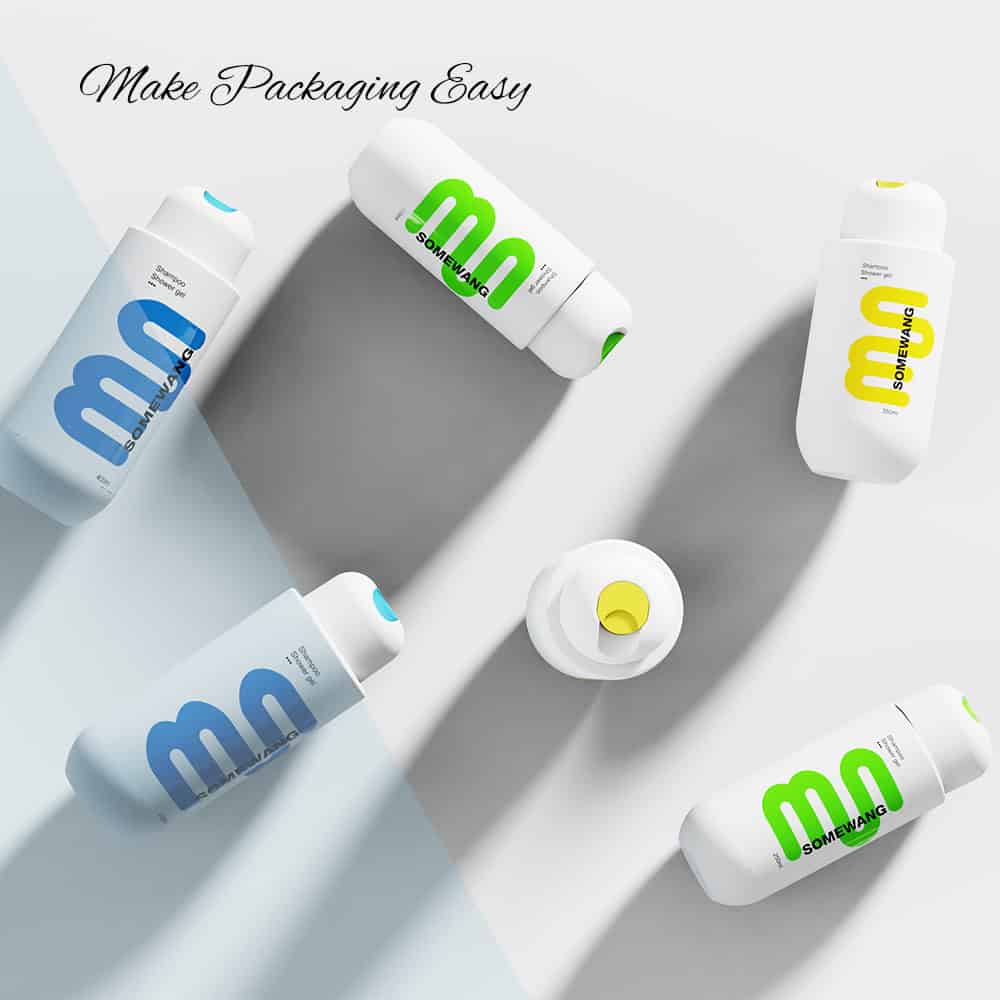 Six bottles with colorful designs sit on a light surface, three blue and three green. Bold text and shadows enhance their modern look.