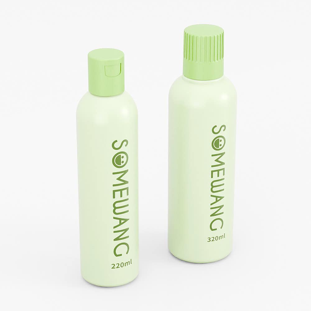 Dos botellas de lavado bucal PET "SOMEWANG" de color verde claro, aprobadas por la FDA, disponibles en versiones con tapa abatible de 220 ml y tapa de rosca de 320 ml.