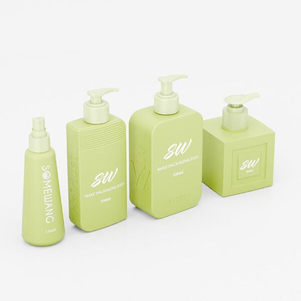 Four chic HDPE light green bottles with pump tops, labeled "SW" and "SOMEWANG," blend style with eco-friendly practicality.