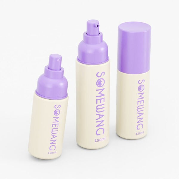 Los elegantes frascos para el cuidado de la piel en color crema y morado de "Somewang" vienen en 100 ml, 120 ml y 150 ml, hechos de PET de grado alimenticio de la FDA para mayor seguridad y elegancia.