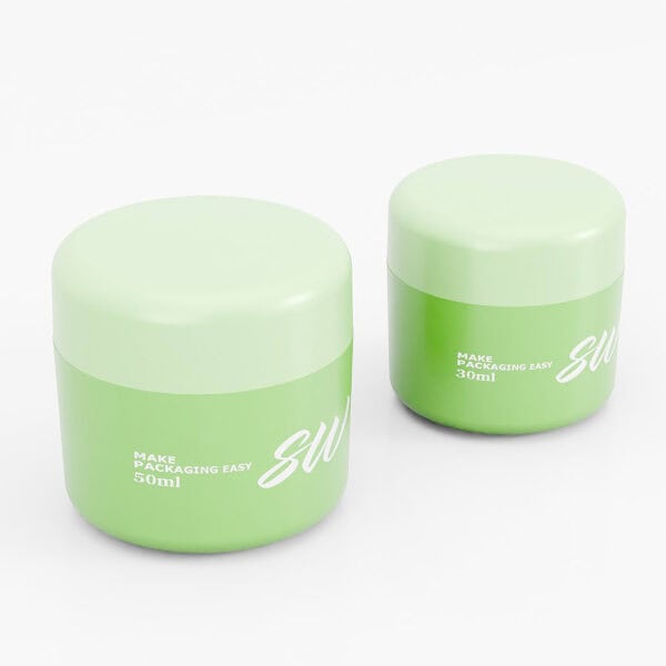 SOMEWANG Double-wall Matte PP Jars," in green with white lids, perfect for skincare, in 30ml & 50ml sizes.