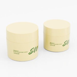 Dos recipientes cilíndricos de color beige, similares a los frascos de PP de SOMEWANG, con texto verde, disponibles en tamaños de 50 ml y 30 ml, sobre un fondo blanco.