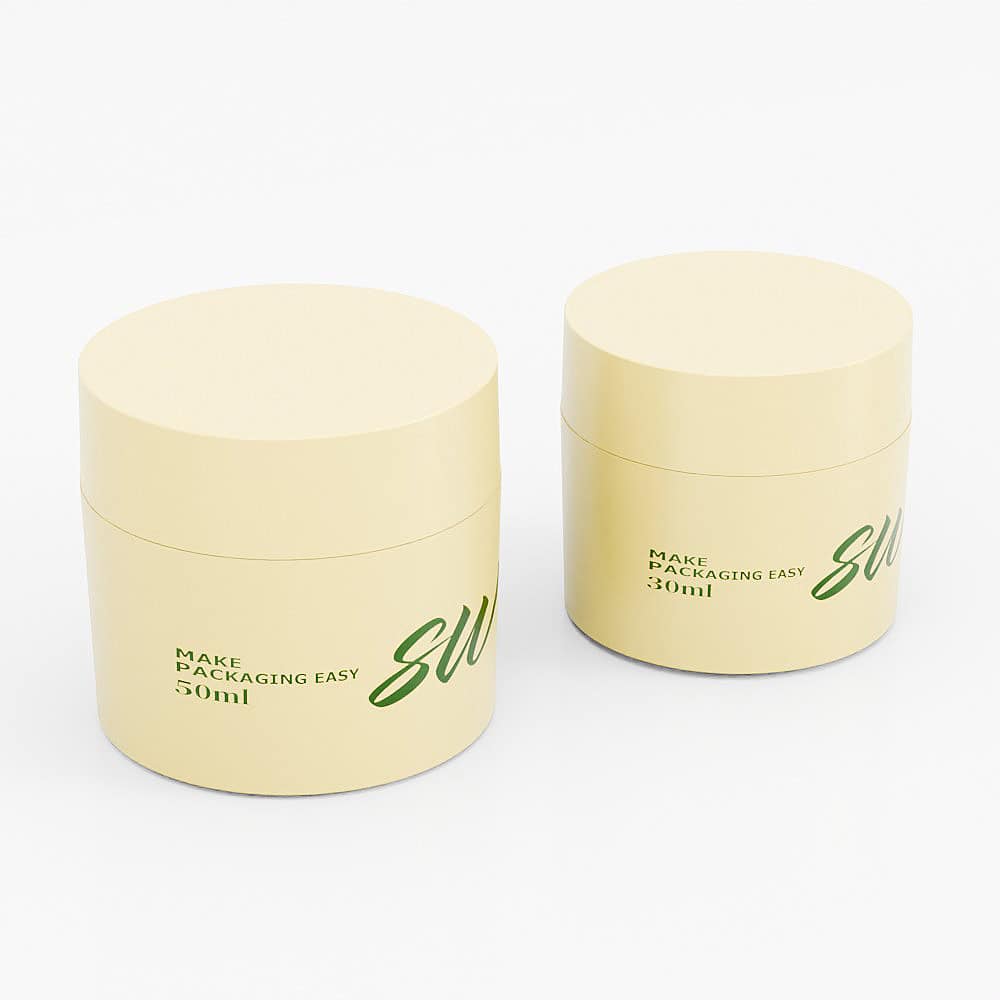 Two beige cylindrical containers, resembling SOMEWANG PP jars with green text, available in 50ml and 30ml sizes, on a white background.