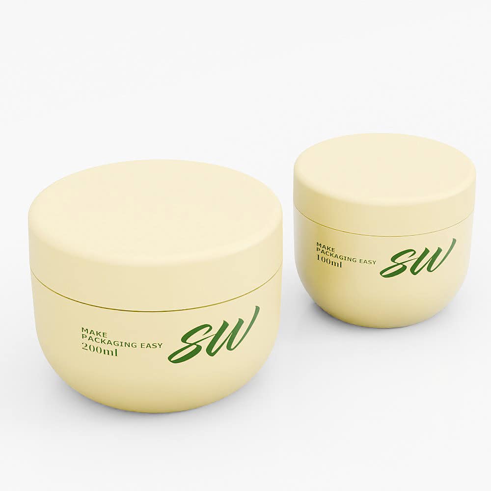 Two cream PP bowl jars in 100ml and 200ml with green "SW" and "Make Packaging Easy." Ideal for skincare by SOMEWANG.