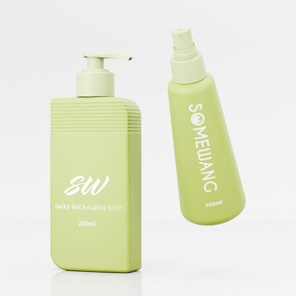 Two green HDPE bottles: a 250ml pump from "SW Make Packaging Easy" and a 150ml spray from "SOMEWANG" for your Bottle Series.