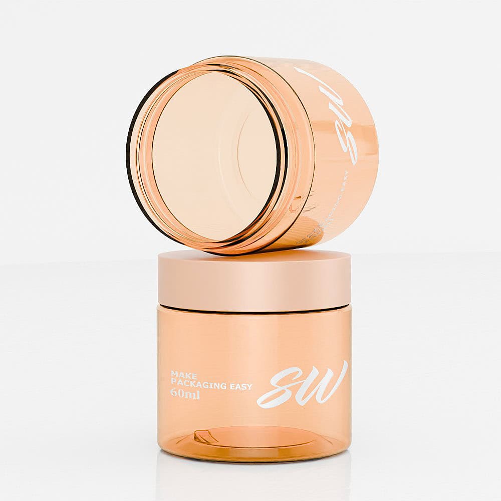 Two 60ml amber jars for skincare, one upright and one sideways, show the "SW" logo and text "Make Packaging Easy.