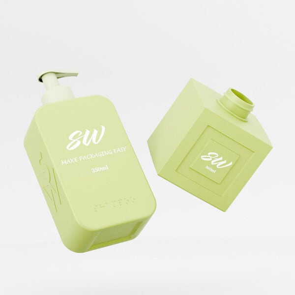 Two green HDPE bottles, one upright with a pump, the other lying down, bear "SW" and "MAKE PACKAGING EASY," on a plain background.