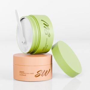 Dos envases cosméticos: un tarro “SW” color melocotón, uno verde abierto con aplicador y un frasco gotero de vidrio de 30 ml (18/410).