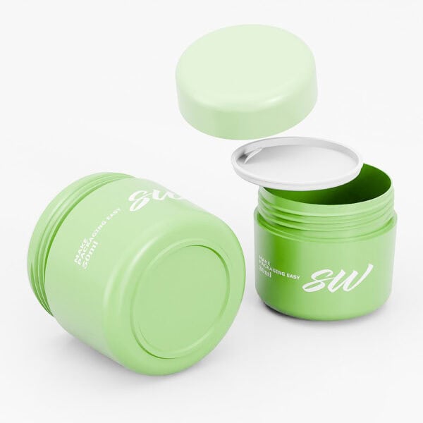 Two green cylindrical jars, sleek matte double-wall PP design. One horizontal, one open with lid. White "SW" and "Making Choice Easy.