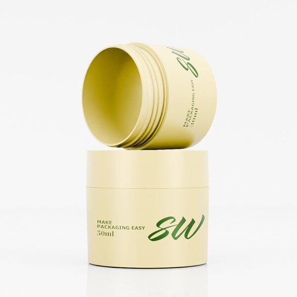 Two beige 50ml SOMEWANG PP jars stack, one open. Bowl-shaped with green text, they're ideal for skincare essentials.