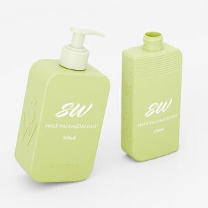 "SW Make Packaging Easy"라는 브랜드명이 적힌 밝은 녹색 HDPE 시리즈 병 두 개: 하나는 펌프가 있고, 다른 하나는 뚜껑이 없습니다.