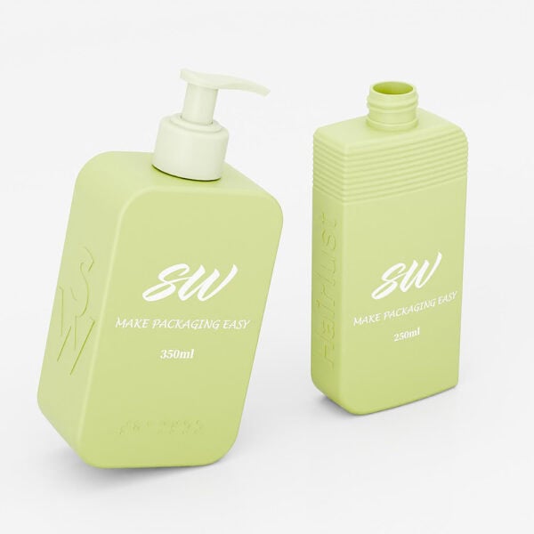 Two light green HDPE Series bottles branded "SW Make Packaging Easy": one with a pump, one uncapped.