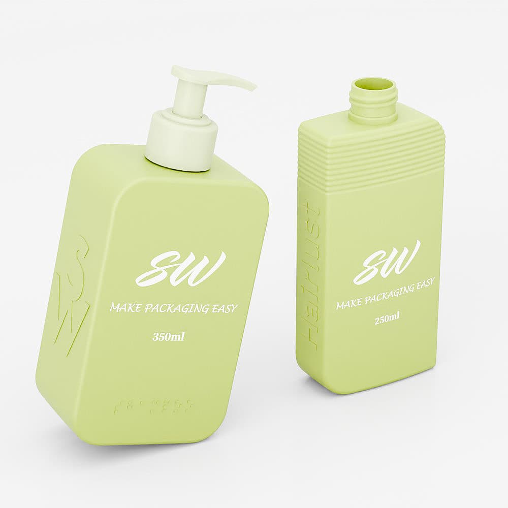 Dos botellas de la serie HDPE de color verde claro con la marca "SW Make Packaging Easy": una con bomba y otra sin tapa.