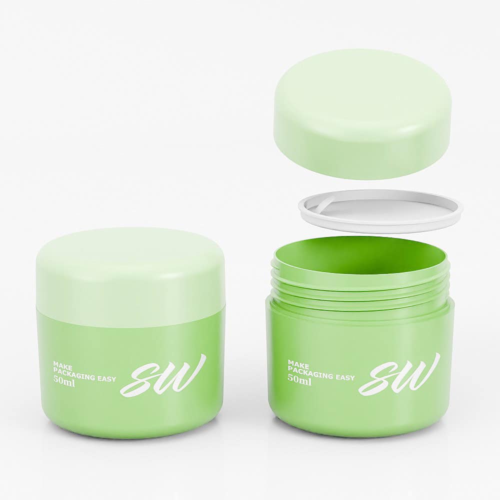 Two elegant 50ml SOMEWANG double-wall matte jars, one open with cream and the other sealed, add luxury to your skincare routine.