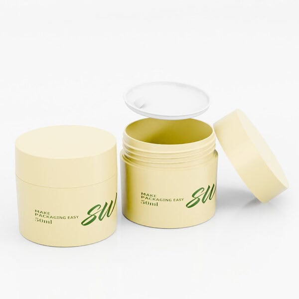 Two yellow SOMEWANG 50ml PP jars with white lids say "Make Packaging Easy." Perfect for stylish, functional skincare creams.