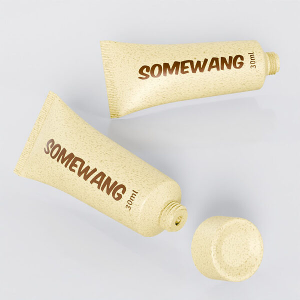 Two 30ml biodegradable PE tubes labeled "SOMEWANG" are displayed. One is open, showcasing eco-friendly elegance for skincare.