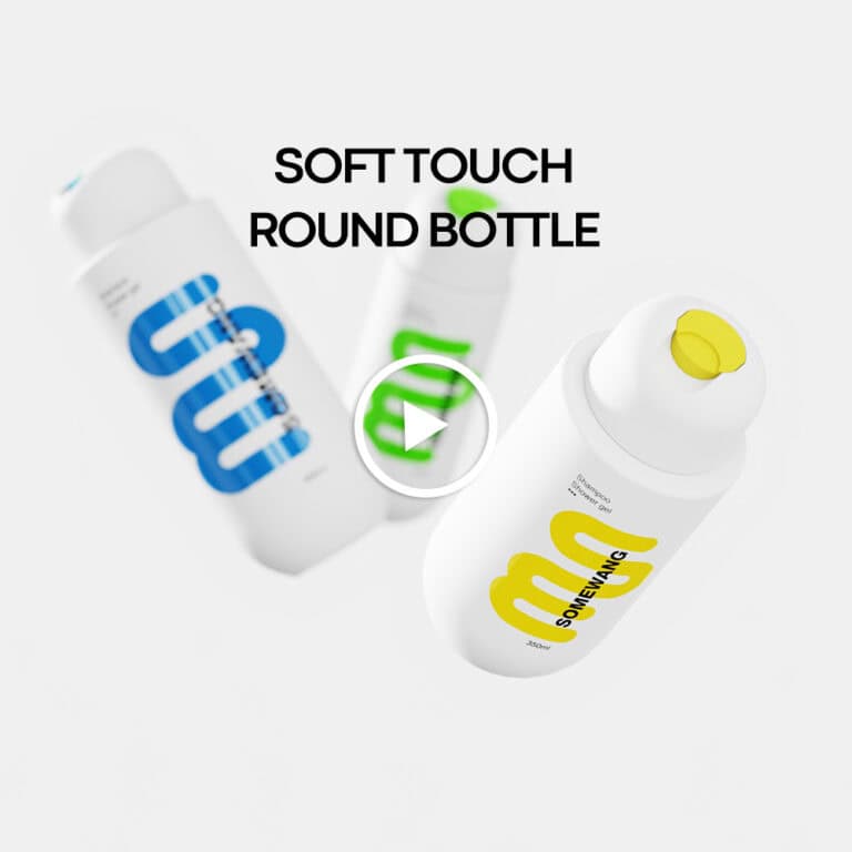 Three white cylindrical bottles with colored labels and caps float, highlighting the sleek design "Soft Touch Round Bottle.