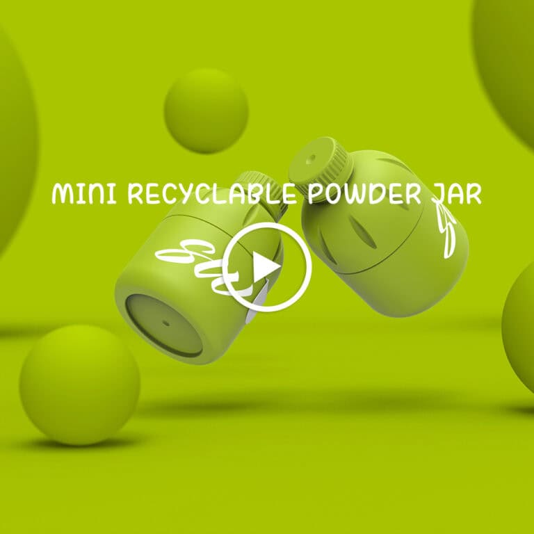 Two sleek mini powder jars float over a lime green background with spheres, eye-catching and promoting sustainability.