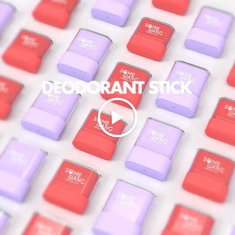 Diagonal rows of red and lavender deodorant sticks, with "DEODORANT STICK" and a play icon in the center.