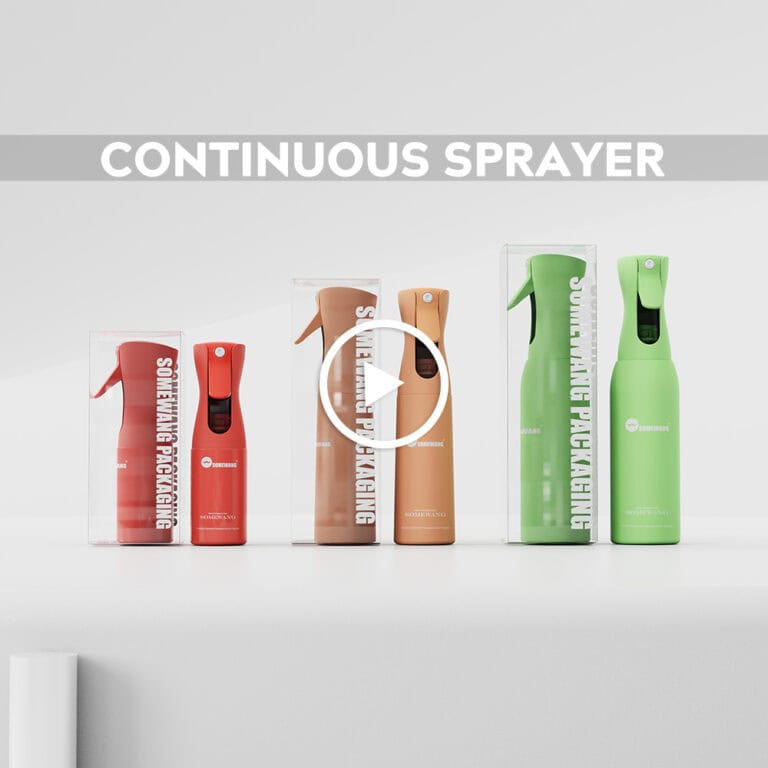 Five sprayer bottles in red, orange, and green are shown in a row, with one highlighted by a play button graphic.