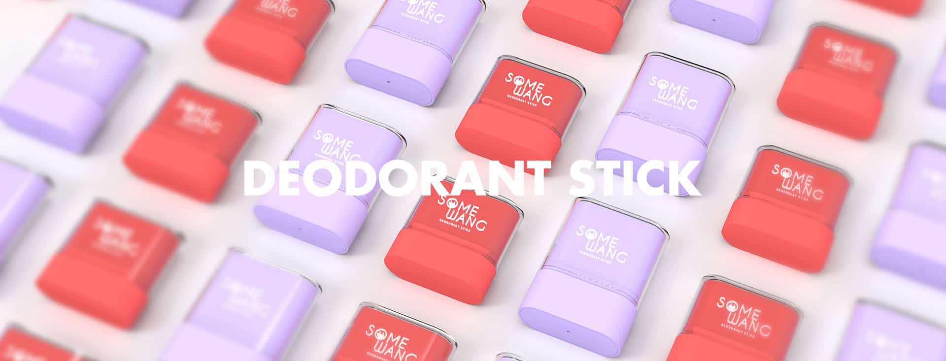 แท่งระงับกลิ่นกายสีแดงและสีม่วง มีป้ายว่า “DEODORANT STICK” อยู่ตรงกลาง