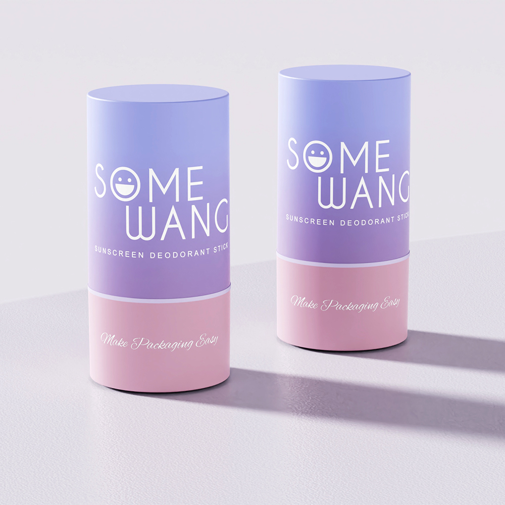 Dua deodoran silinder pastel berlabel "Sesetengah Wang" menampilkan reka bentuk kecerunan ungu-ke-merah jambu yang anggun, menawarkan keanggunan dan kapasiti 30ml.