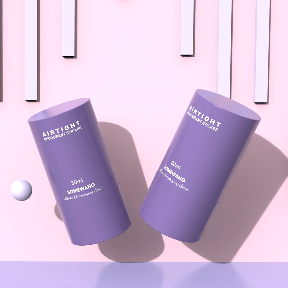 Hai hộp đựng lăn khử mùi màu tím dung tích 30ml nổi trên nền màu hồng có các thanh màu trắng và một quả cầu nhỏ.