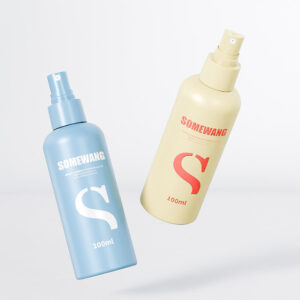 A set of 100ml round-shoulder PET bottles, one blue, one yellow, branded "SOMEWANG" with a bold "S" design.