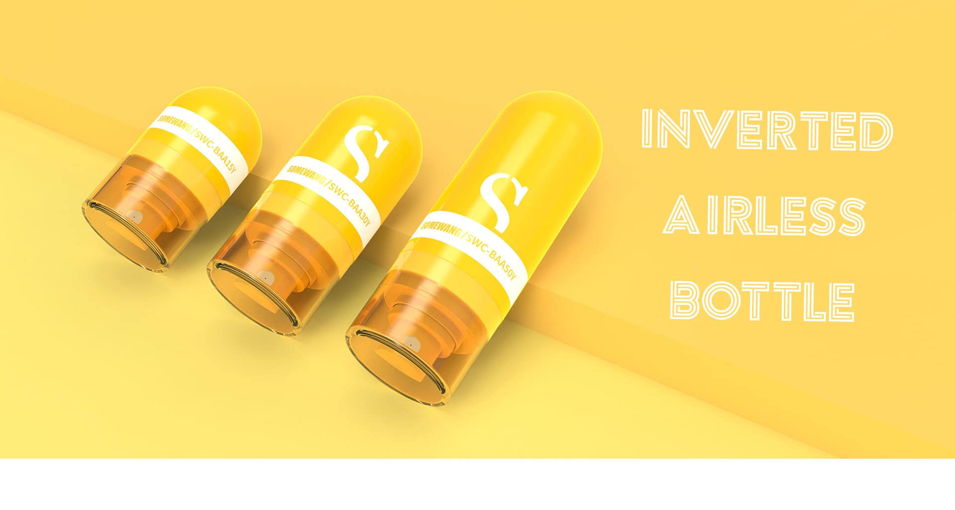 Tres botellas airless invertidas de color amarillo degradado con texto blanco descansan sobre una superficie amarilla vibrante, mostrando un diseño innovador.