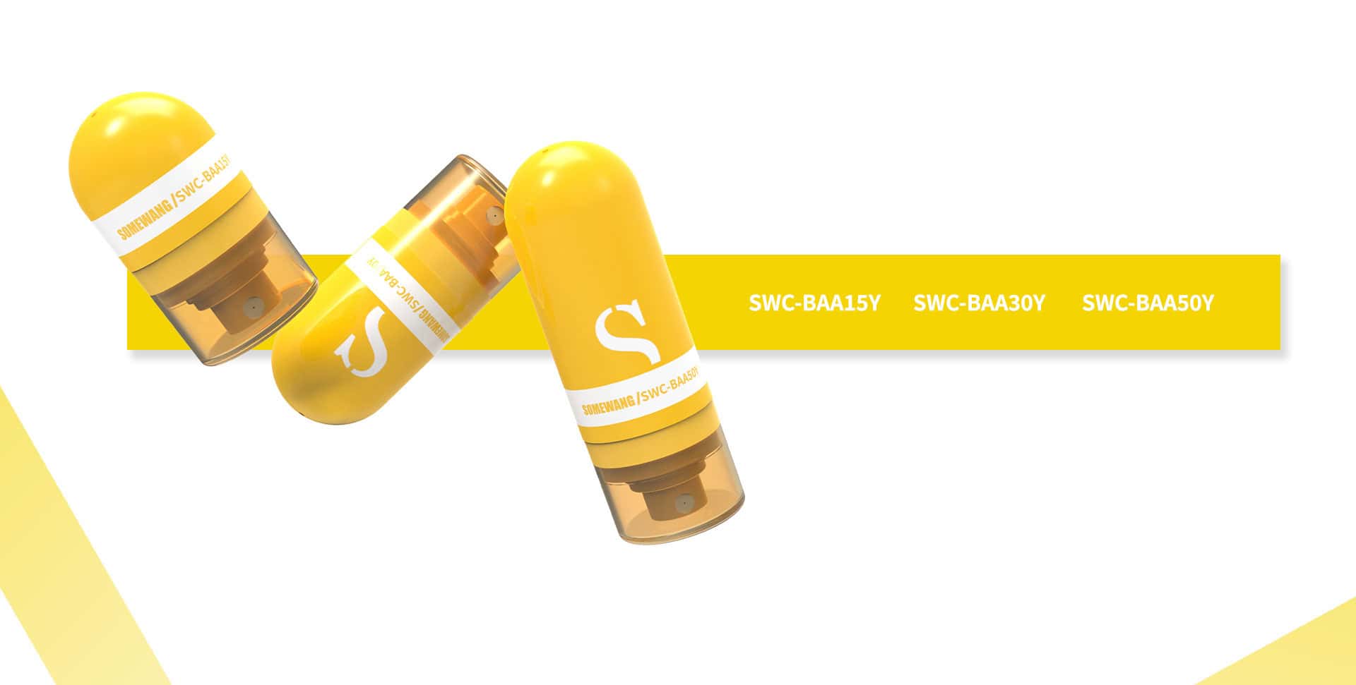 Aparecen tres cilindros amarillos con el texto "SWC BAA15Y", "SWC BAA30Y" y "SWC BAA50Y" sobre un fondo con rayas amarillas.
