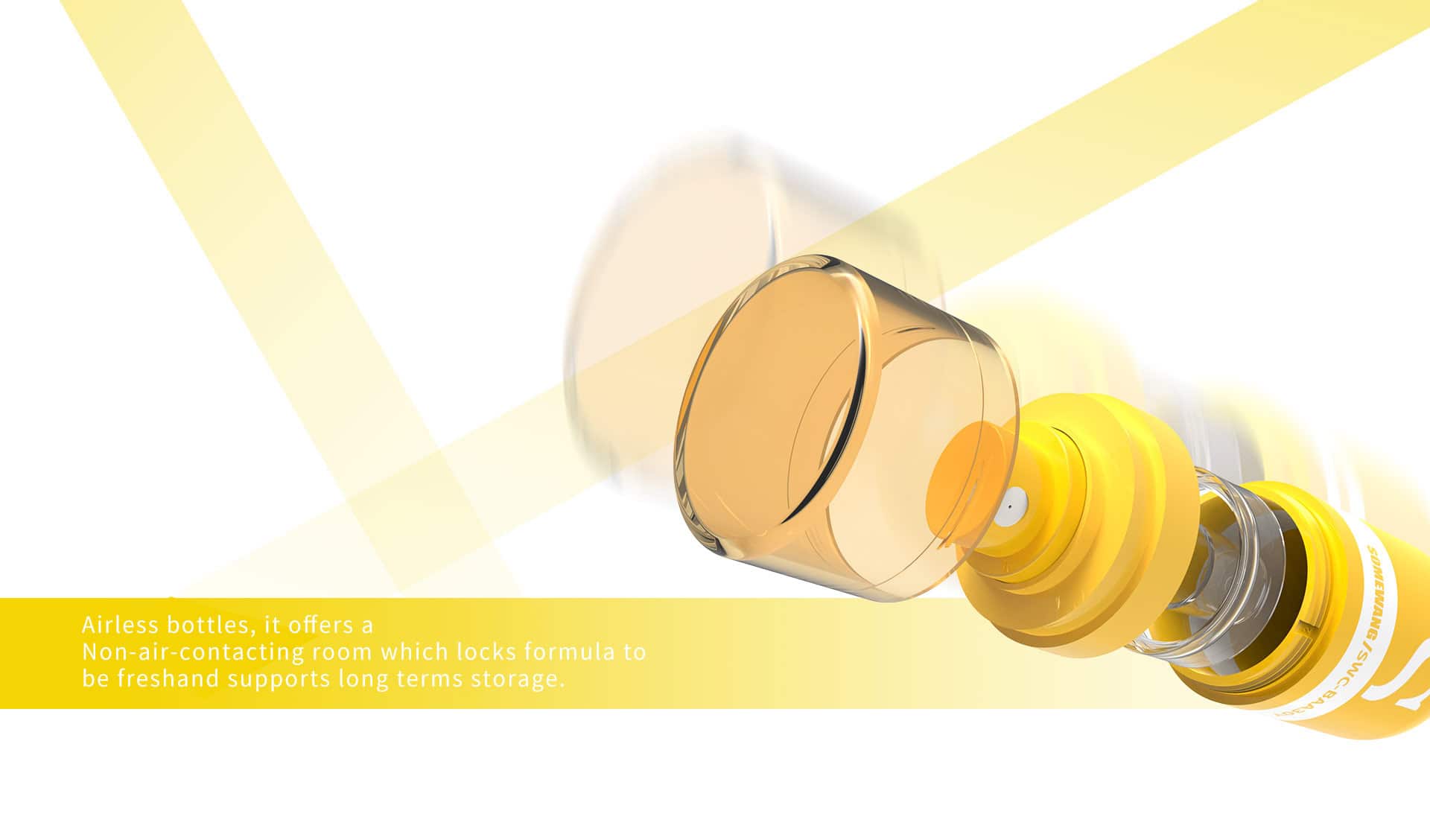 Un gráfico animado muestra botellas airless invertidas de color amarillo, resaltando las características y los beneficios de almacenamiento, con detalles en la esquina inferior izquierda.