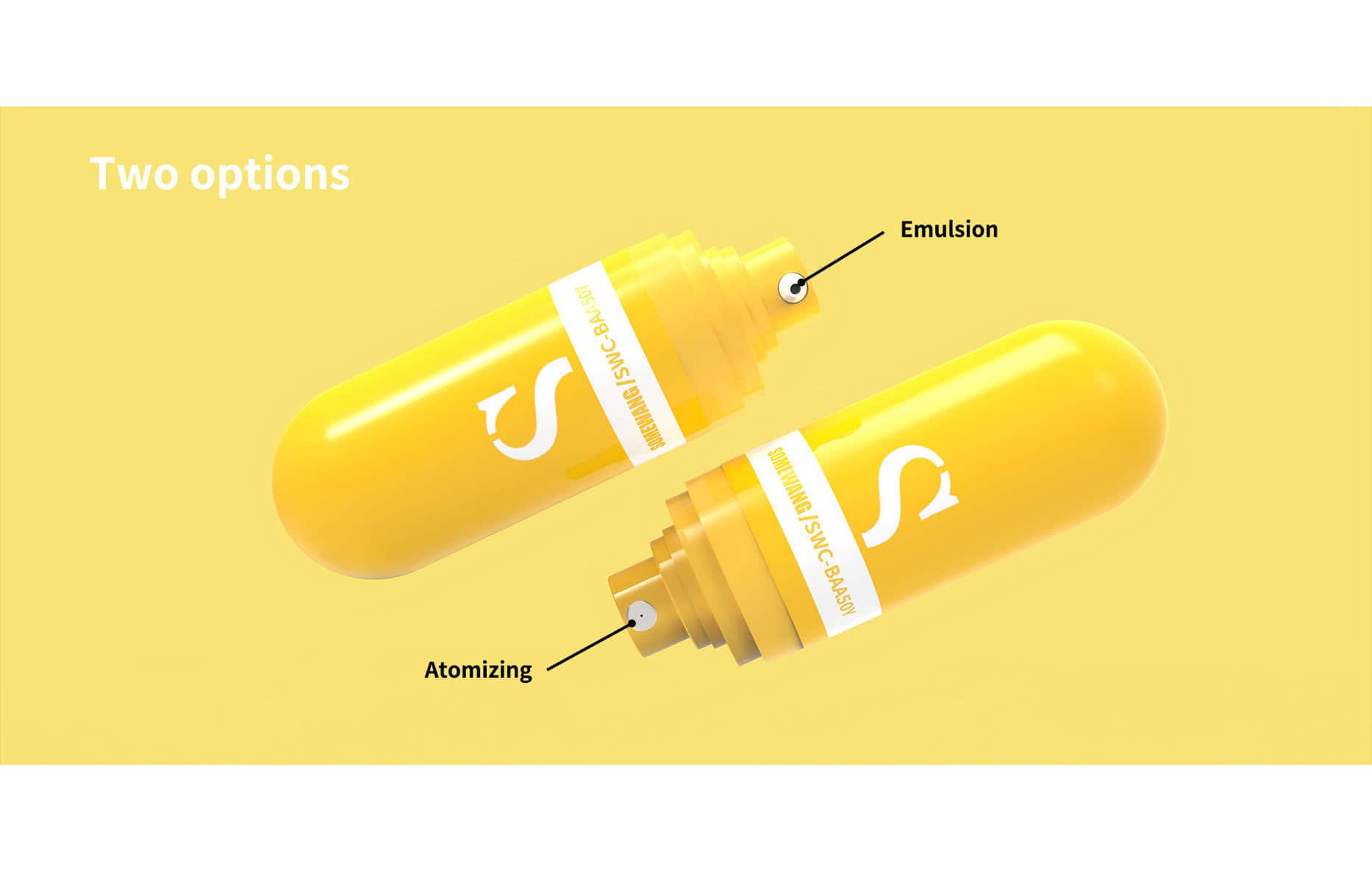 Dos recipientes amarillos con forma de cápsula, etiquetados como "emulsión" y "atomizador", muestran un innovador diseño de botella sin aire invertida.
