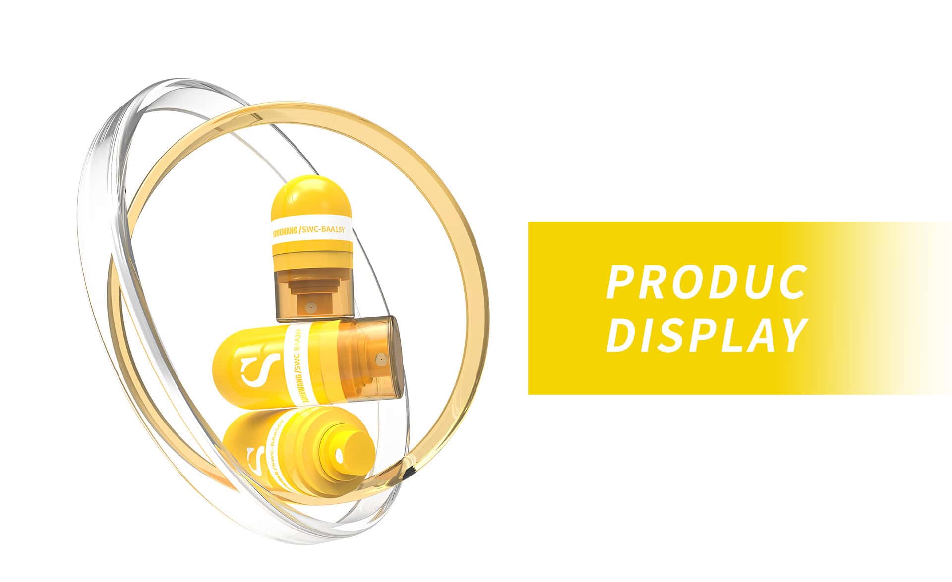 Tres botellas amarillas transparentes, invertidas y con etiquetas blancas, están rodeadas por dos anillos. A la derecha, se lee en amarillo "Exhibición del producto".