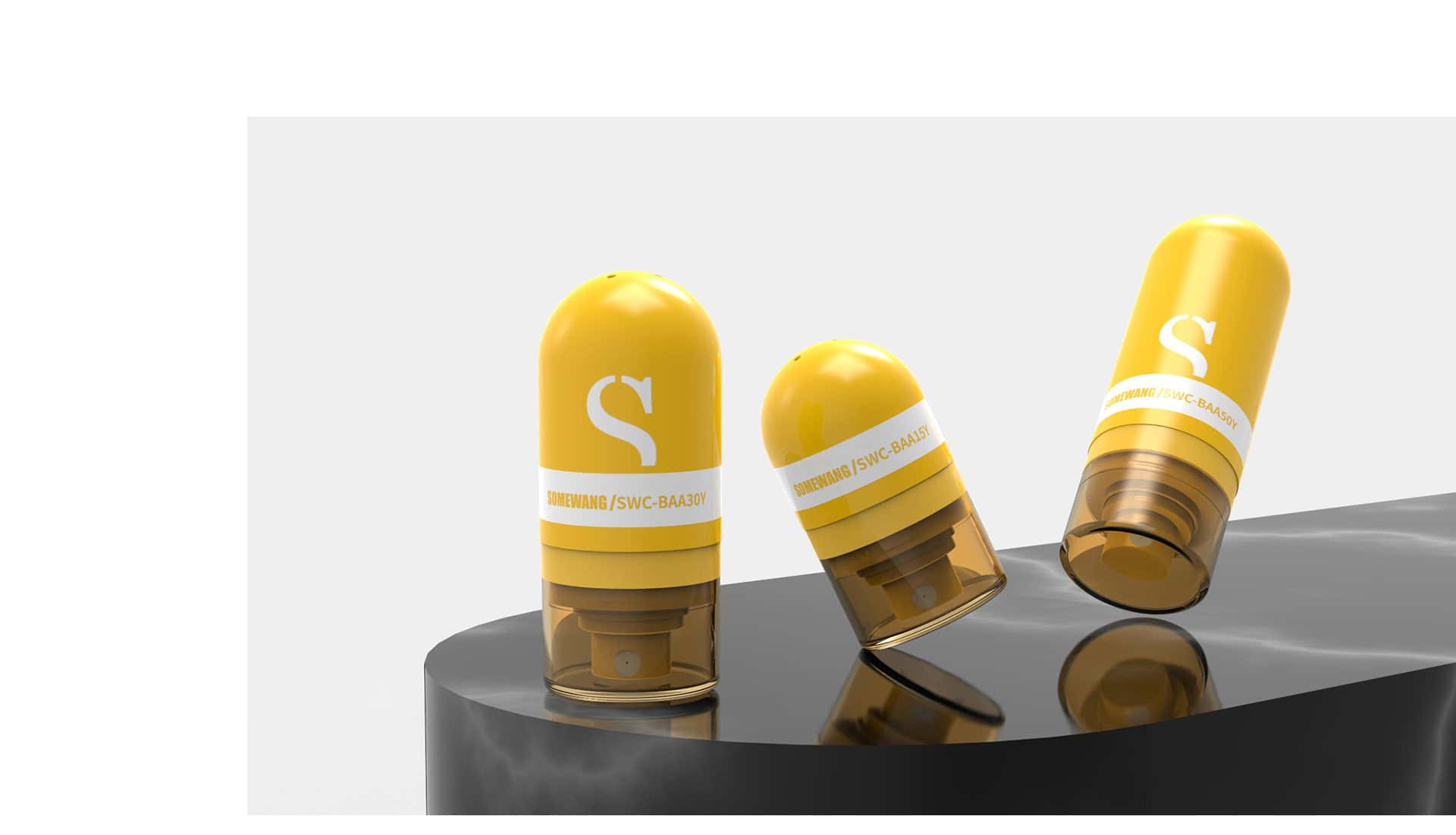 Tres recipientes cosméticos cilíndricos de color amarillo con bases transparentes, como botellas sin aire, se encuentran sobre una superficie negra brillante.