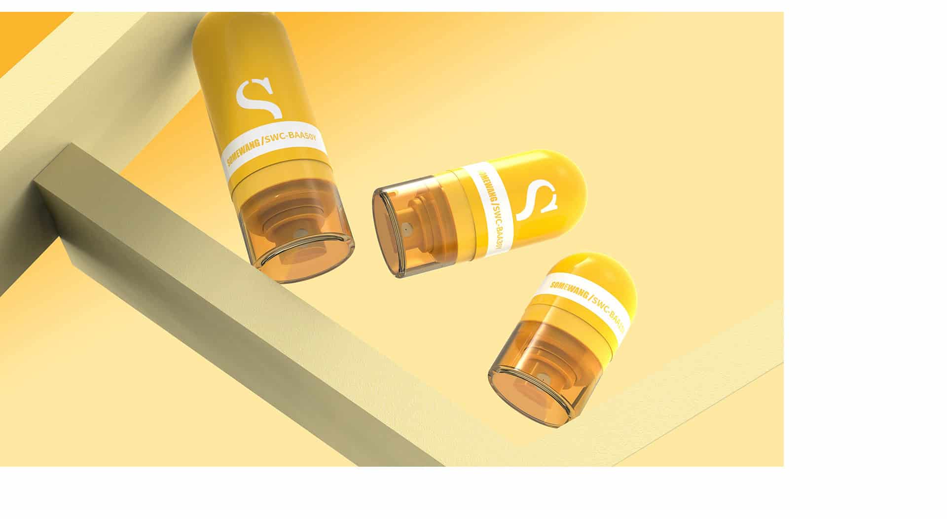 Tres frascos airless para el cuidado de la piel de color amarillo anaranjado parecen flotar sobre un fondo geométrico de color amarillo claro.