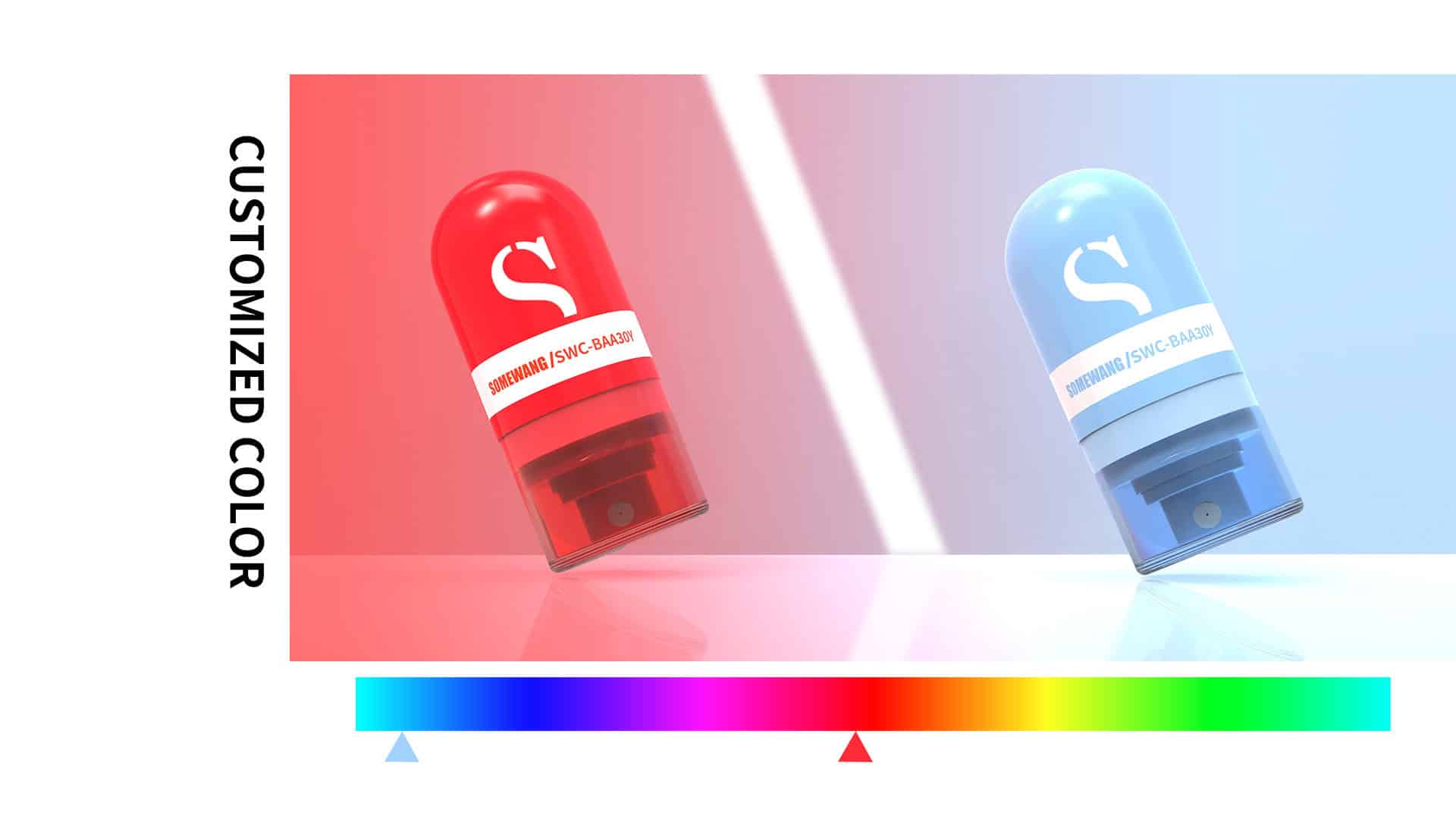 Dos dispositivos de cúpula, uno rojo y otro azul, se encuentran sobre fondo blanco con una barra de degradado debajo. Texto: "COLOR PERSONALIZADO".