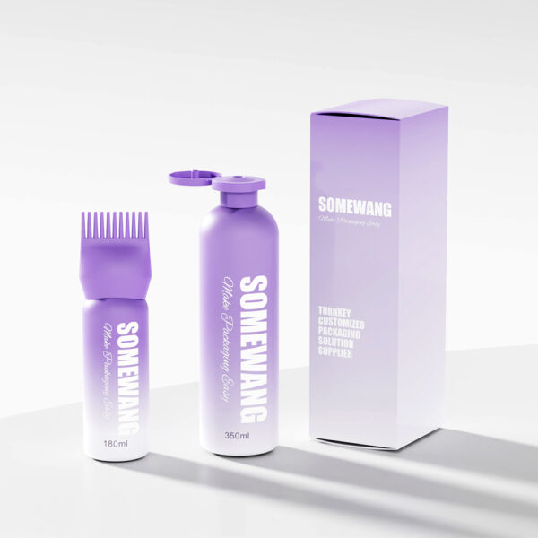 Purple and white "SOMEWANG" hair product bottles with a comb, available in 250ml and 500ml, resemble single-wall plastic jars.